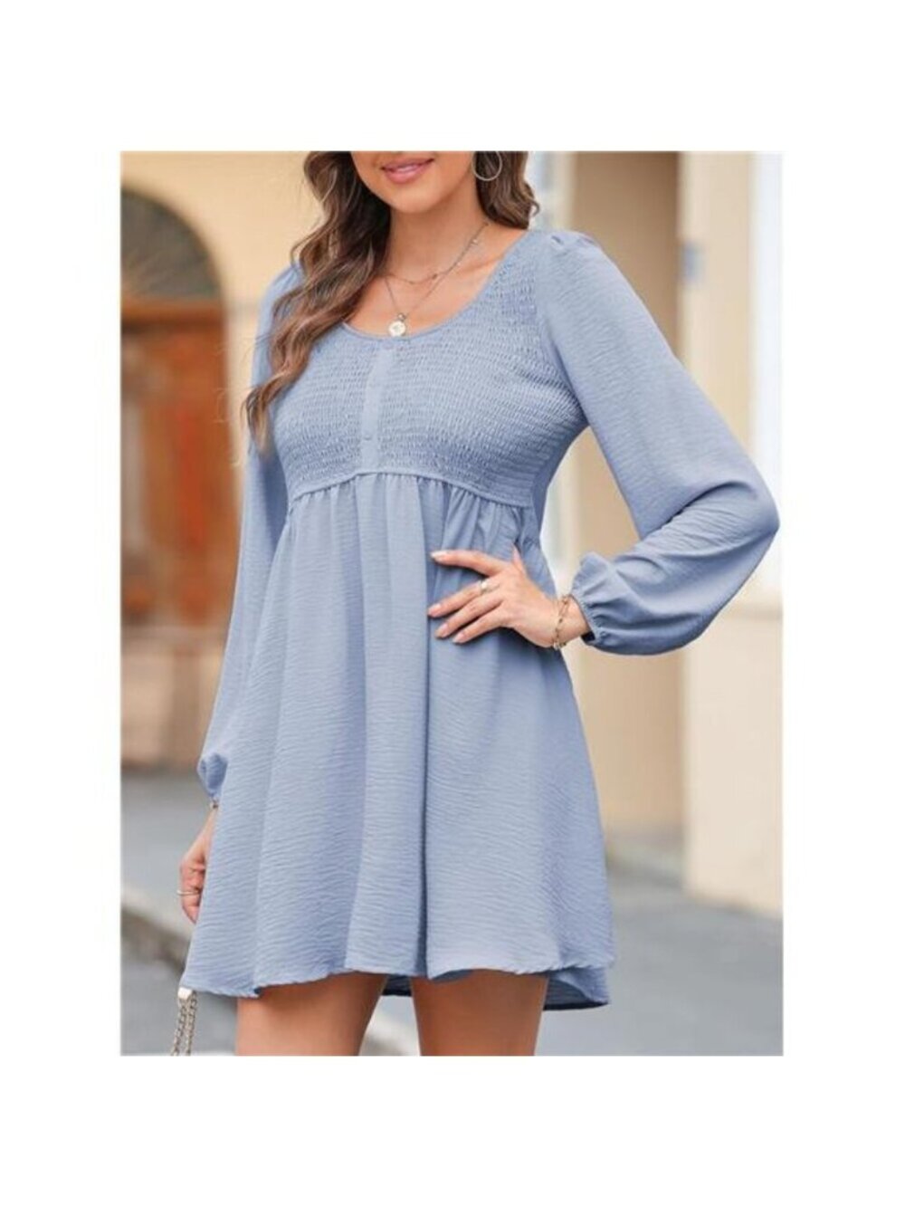 Womens 2025 Casual Dress Smocked Crewneck Button Up Long Sleeve Empire Sky Blue - Picture 4 of 4